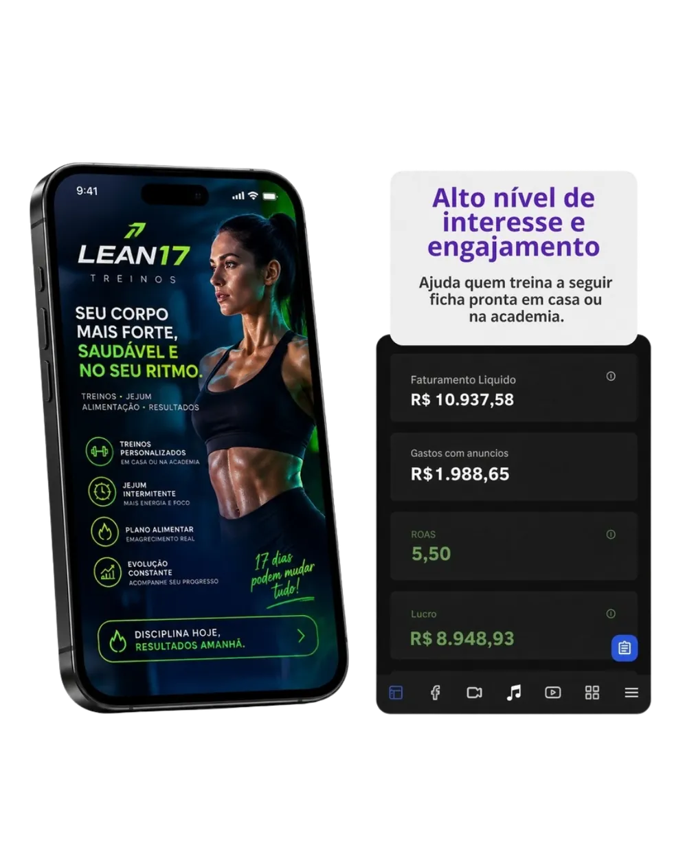 LEAN17 Treinos: app no celular e painel com faturamento líquido e lucro