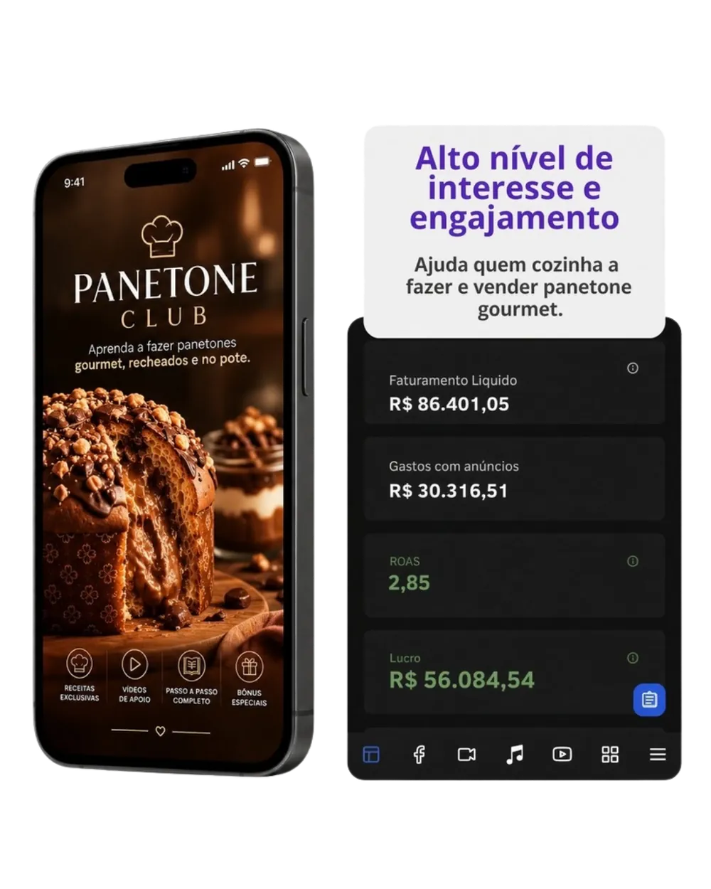 Panetone Club: app no celular e painel com faturamento líquido e lucro